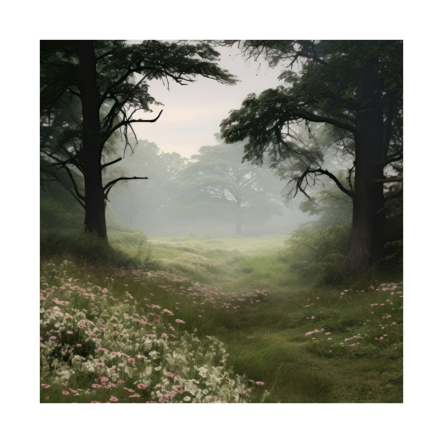 Foggy Meadow with Delicate Flower Blooms & Trees Matte Vertical Poster Art Print