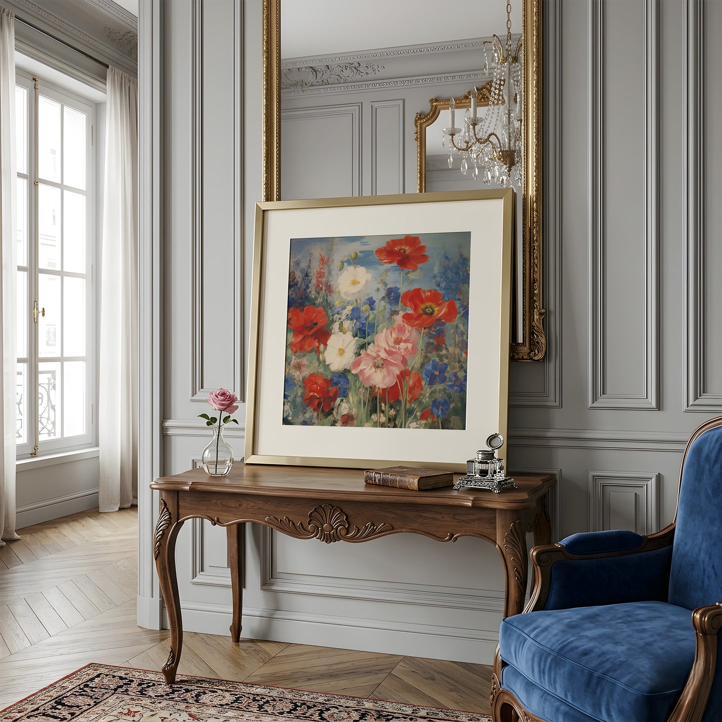 Red, Blue & Pink Poppies with Blue Bell and Daisy Flowers Matte Vertical Poster Art Print