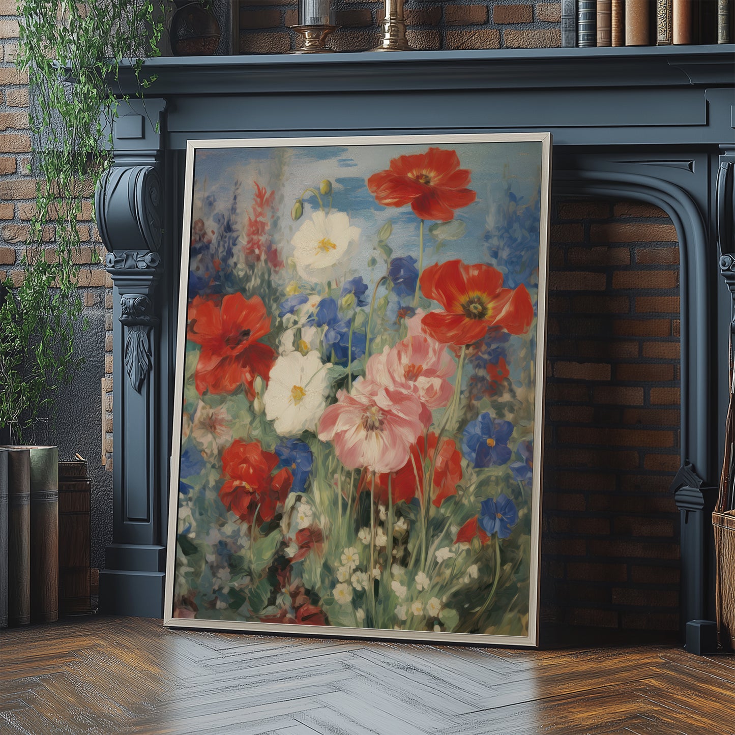 Red, Blue & Pink Poppies with Blue Bell and Daisy Flowers Matte Vertical Poster Art Print