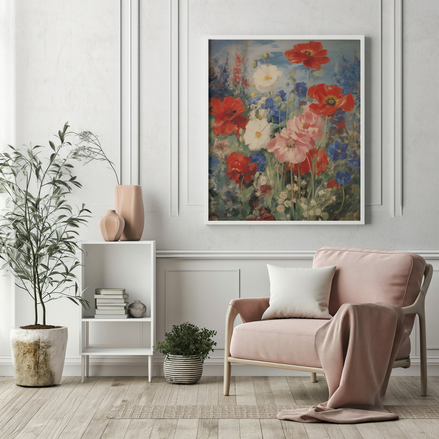 Red, Blue & Pink Poppies with Blue Bell and Daisy Flowers Matte Vertical Poster Art Print