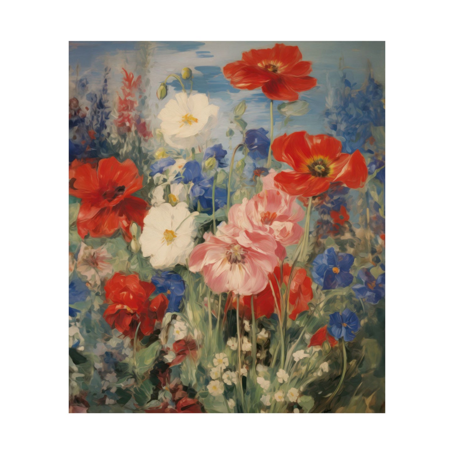 Red, Blue & Pink Poppies with Blue Bell and Daisy Flowers Matte Vertical Poster Art Print