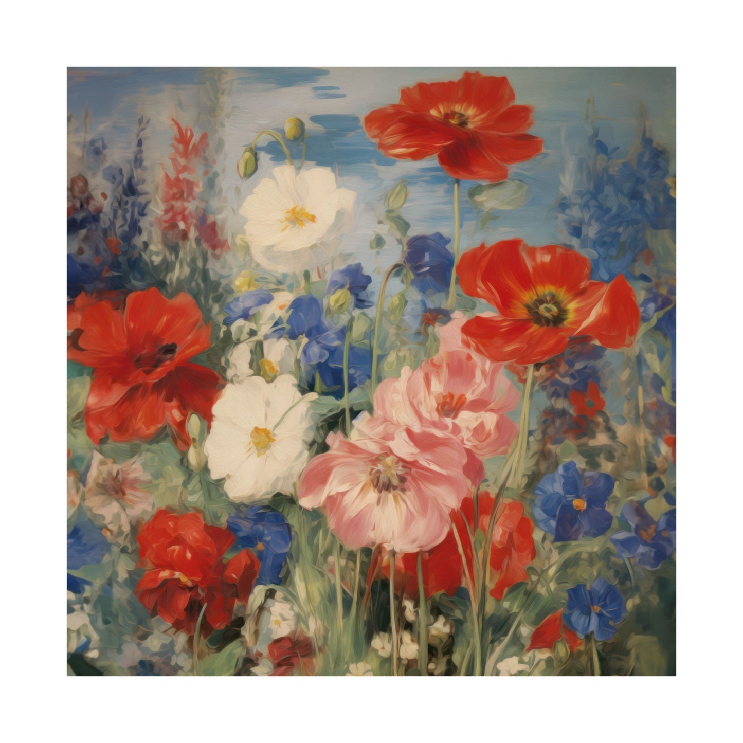 Red, Blue & Pink Poppies with Blue Bell and Daisy Flowers Matte Vertical Poster Art Print