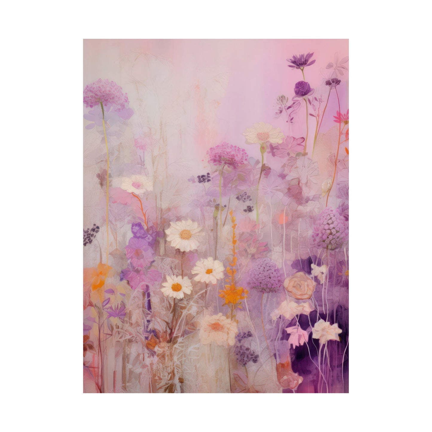 Purple, Mustard & White Daisy Flower Haze Matte Vertical Poster Art Print