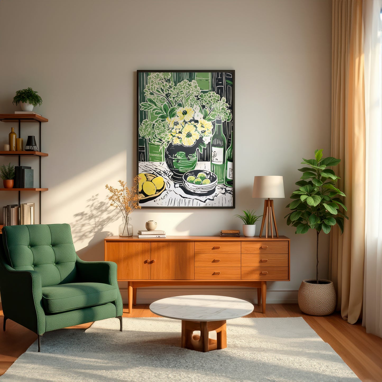 Yellow Blooms & Lemons with Green Vase and Scenery Pop Art Matte Vertical Poster Art Print