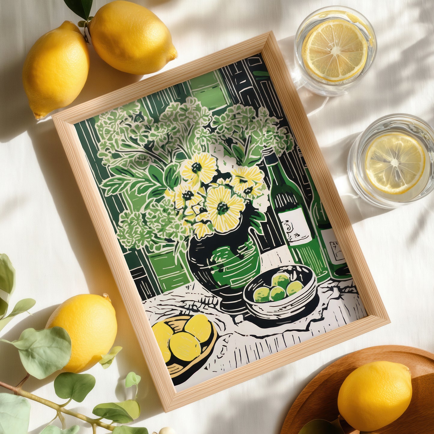 Yellow Blooms & Lemons with Green Vase and Scenery Pop Art Matte Vertical Poster Art Print