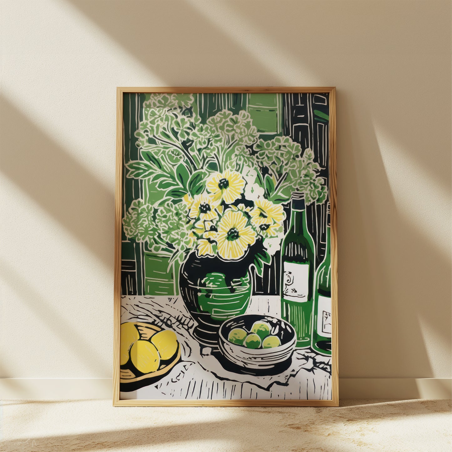 Yellow Blooms & Lemons with Green Vase and Scenery Pop Art Matte Vertical Poster Art Print