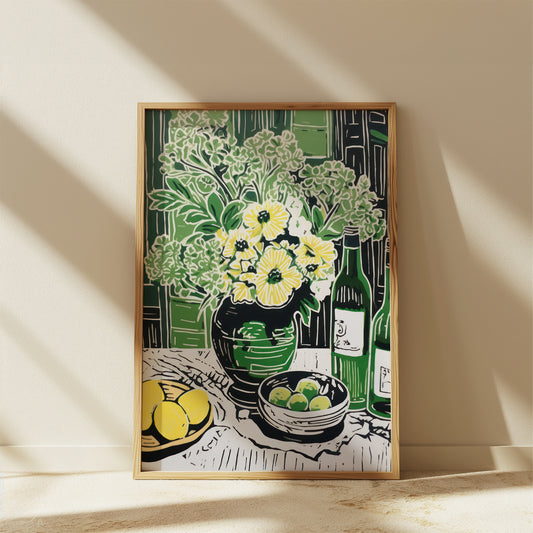 Yellow Blooms & Lemons with Green Vase and Scenery Pop Art Matte Vertical Poster Art Print