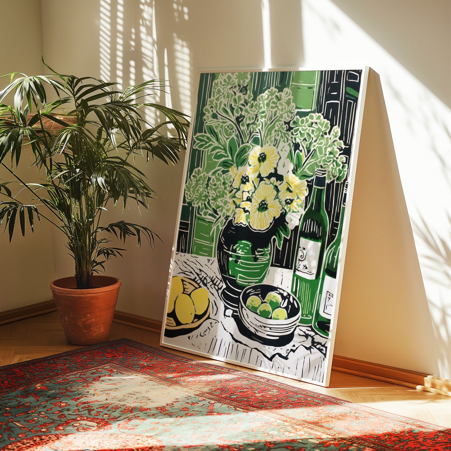 Yellow Blooms & Lemons with Green Vase and Scenery Pop Art Matte Vertical Poster Art Print