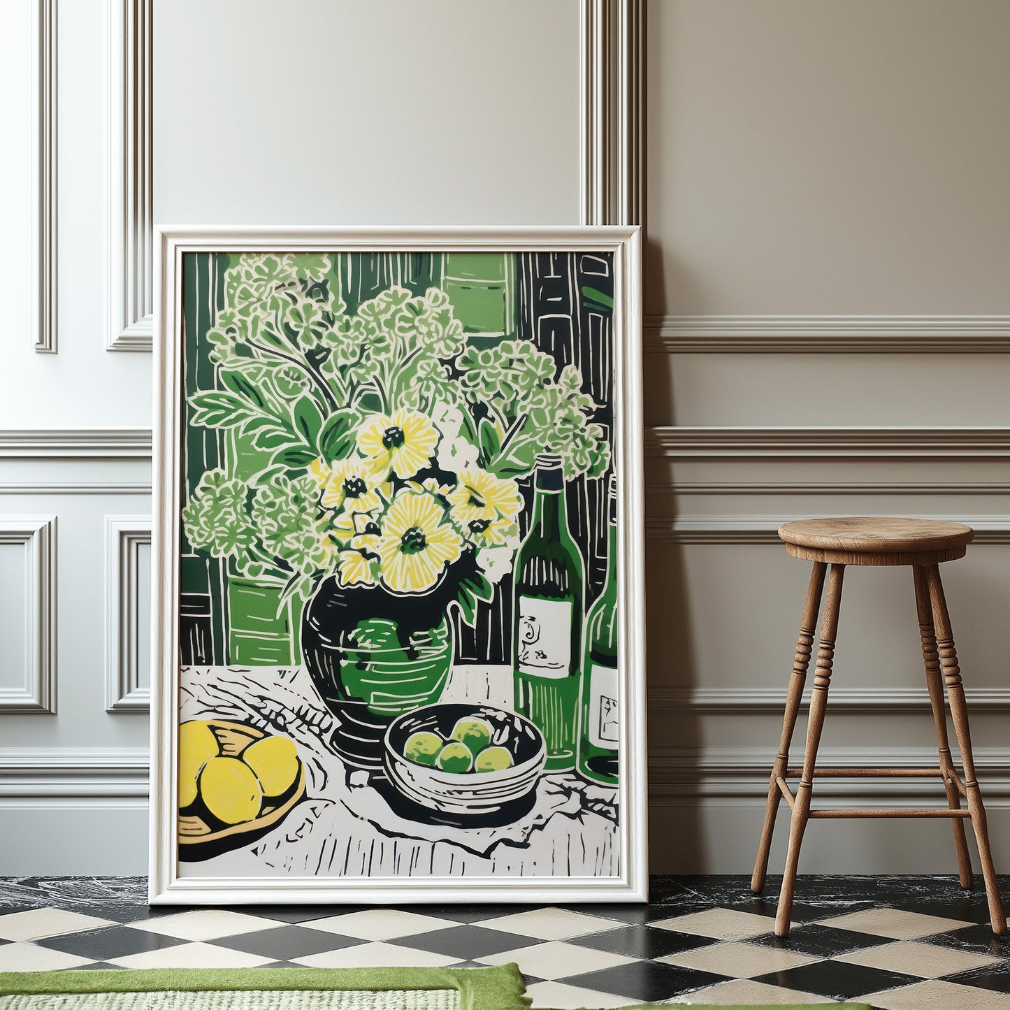 Yellow Blooms & Lemons with Green Vase and Scenery Pop Art Matte Vertical Poster Art Print