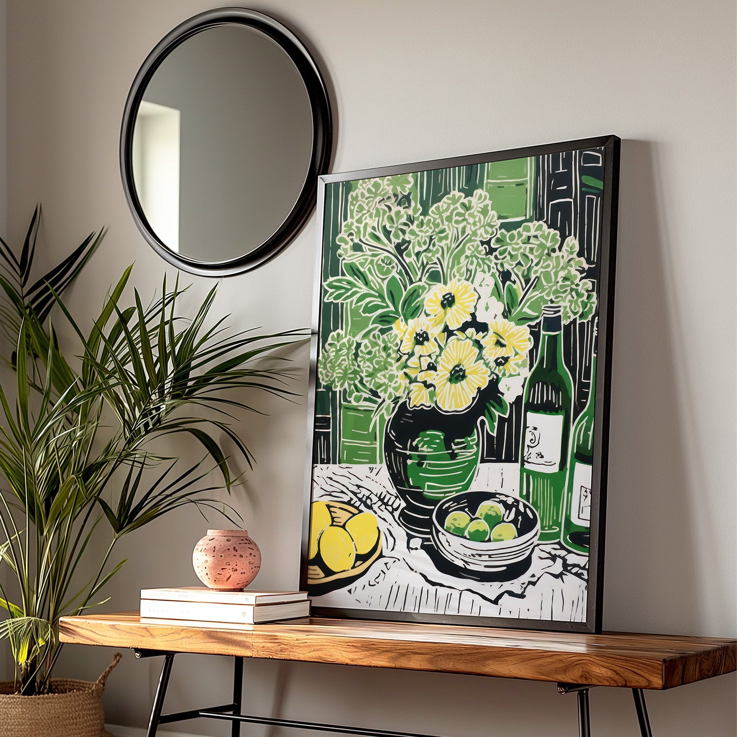 Yellow Blooms & Lemons with Green Vase and Scenery Pop Art Matte Vertical Poster Art Print