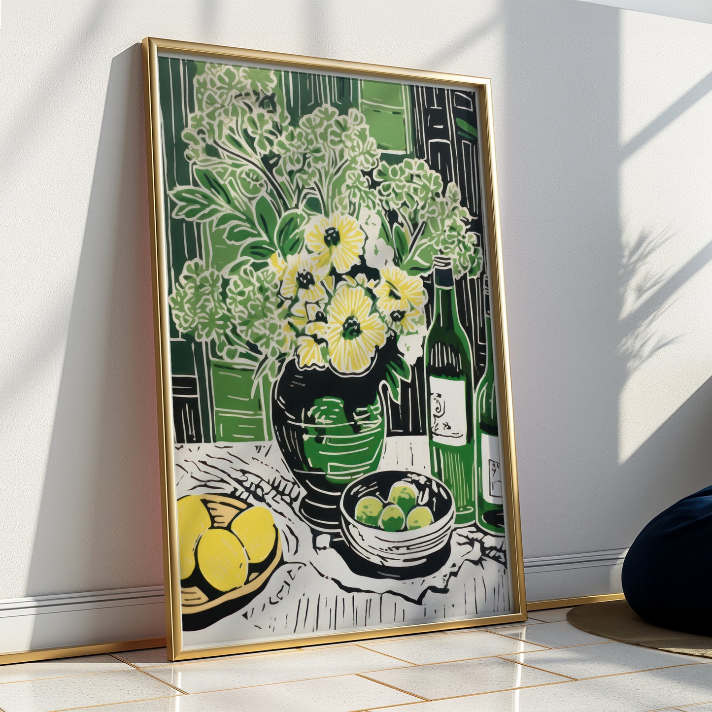Yellow Blooms & Lemons with Green Vase and Scenery Pop Art Matte Vertical Poster Art Print