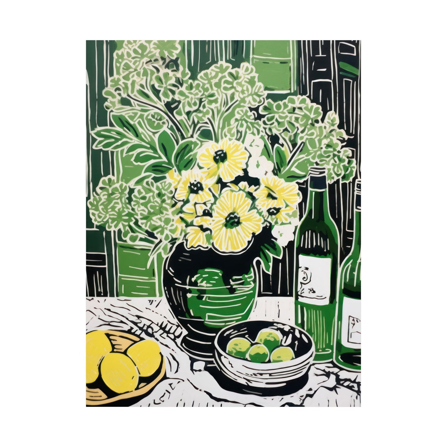 Yellow Blooms & Lemons with Green Vase and Scenery Pop Art Matte Vertical Poster Art Print