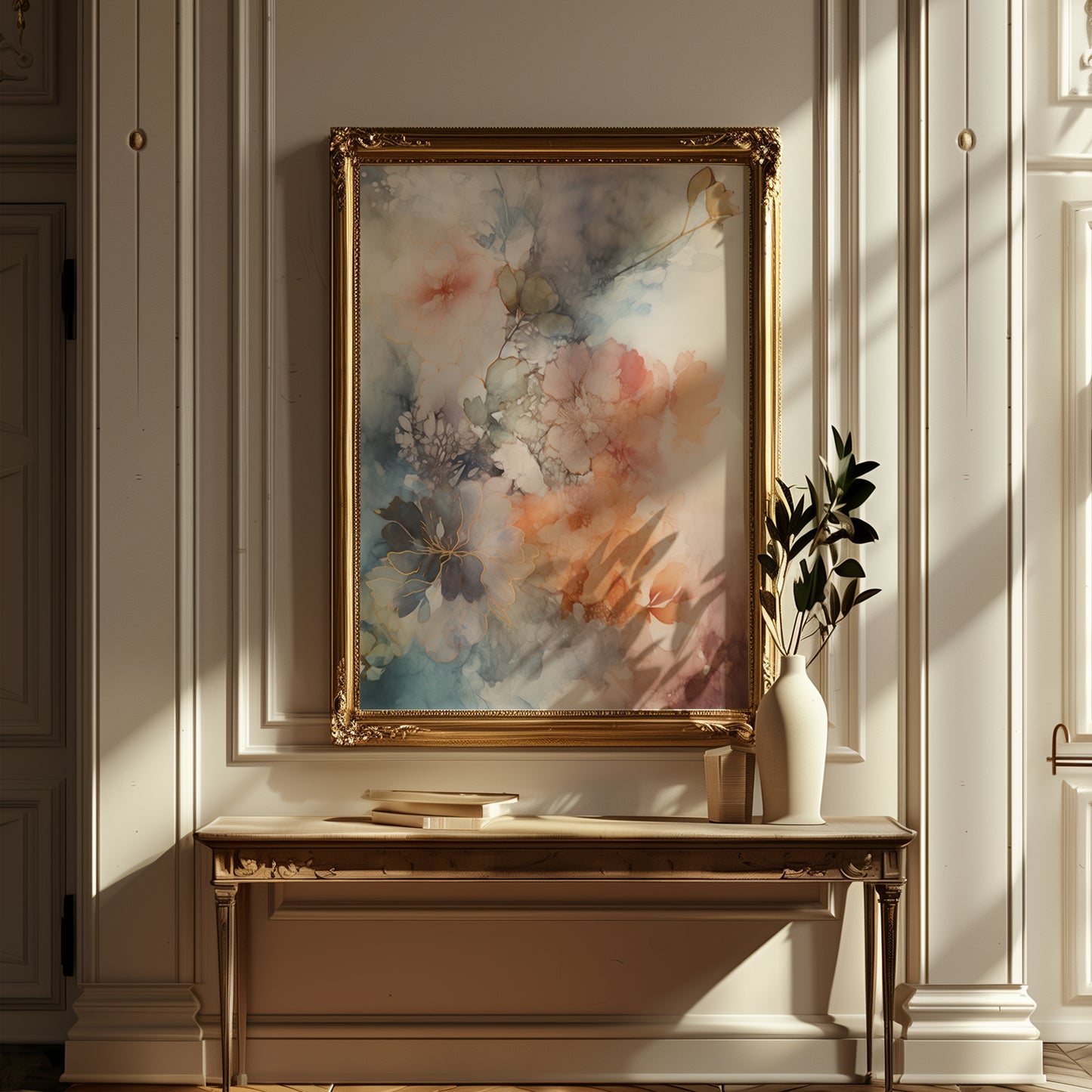 Ethereal Flower Blooms with Gold Accents & Moody Watercolor Matte Vertical Poster Art Print