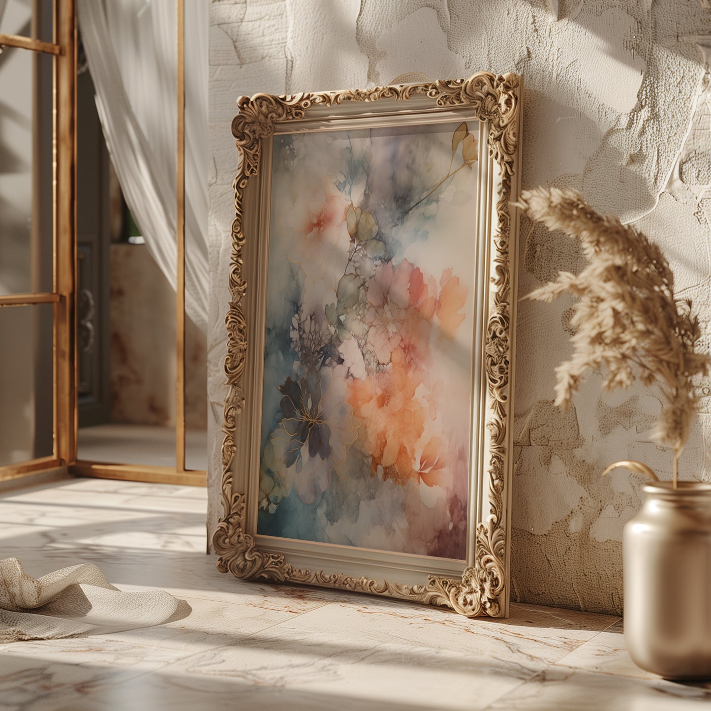 Ethereal Flower Blooms with Gold Accents & Moody Watercolor Matte Vertical Poster Art Print
