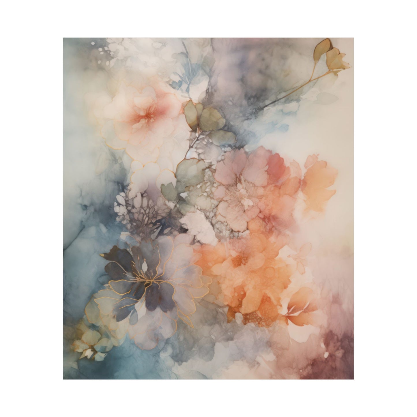 Ethereal Flower Blooms with Gold Accents & Moody Watercolor Matte Vertical Poster Art Print