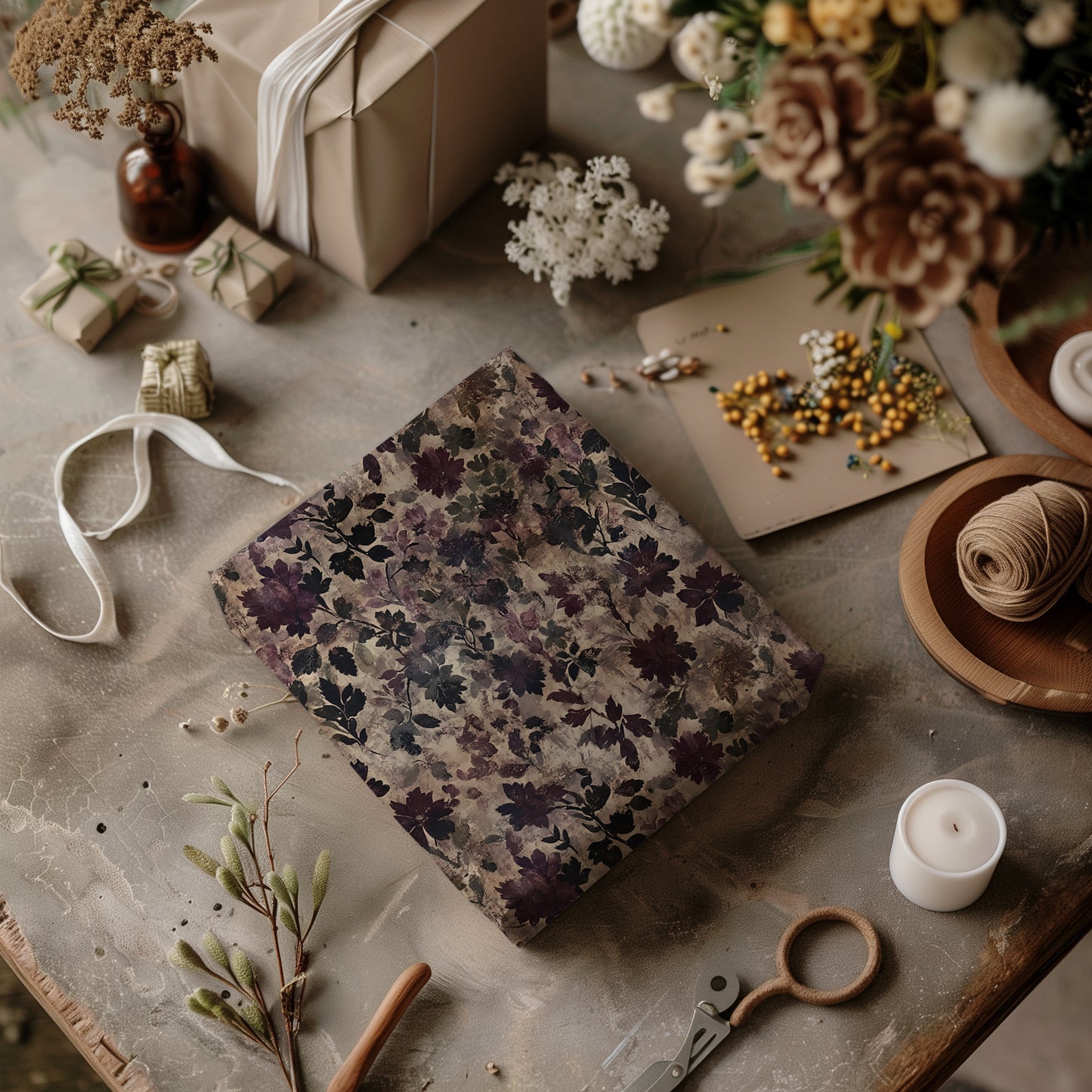Dark Moody Purple Floral Distressed Baroque Victorian Gift Wrapping Paper