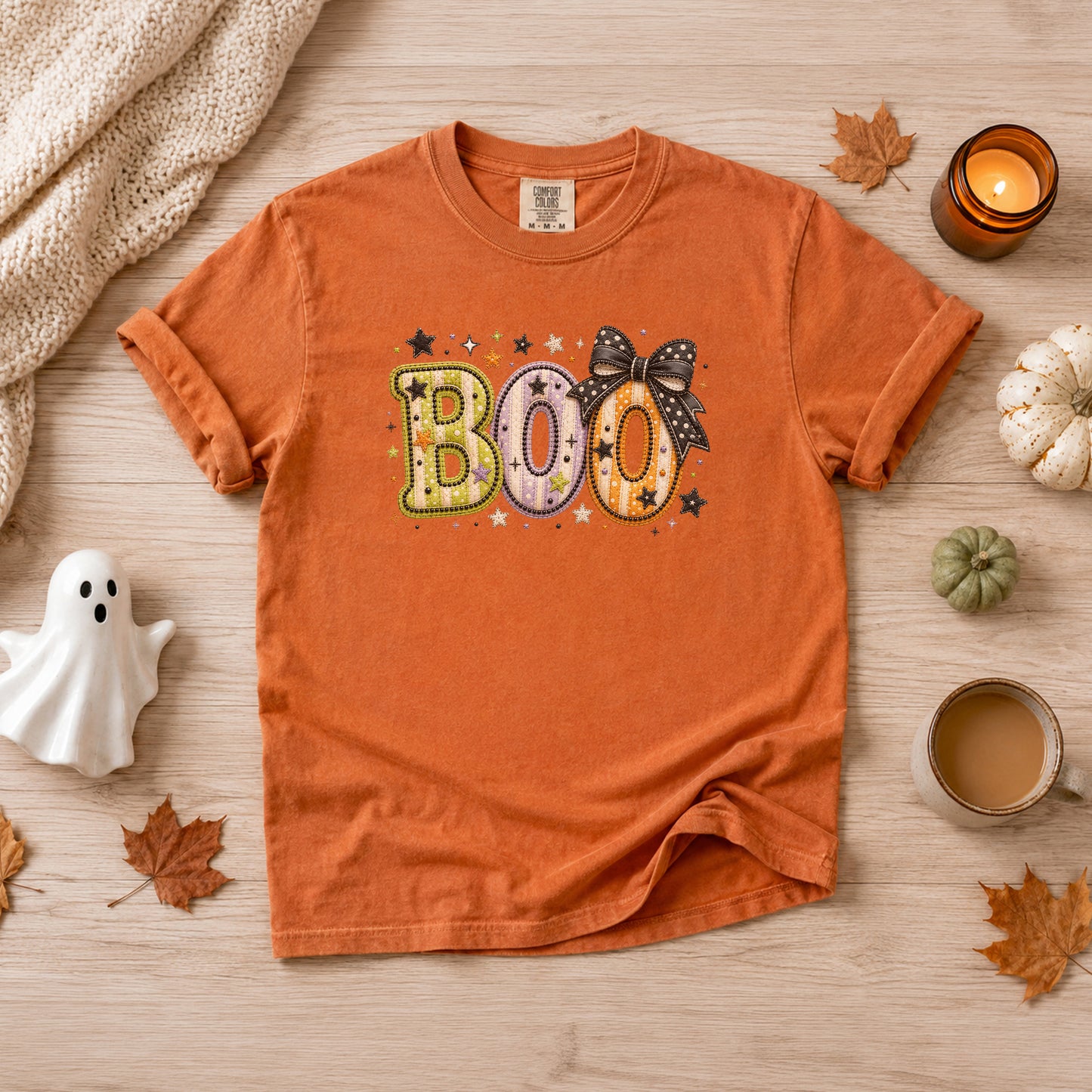 Boo with Coquette Bow Faux Patchwork Embroidery T-shirt