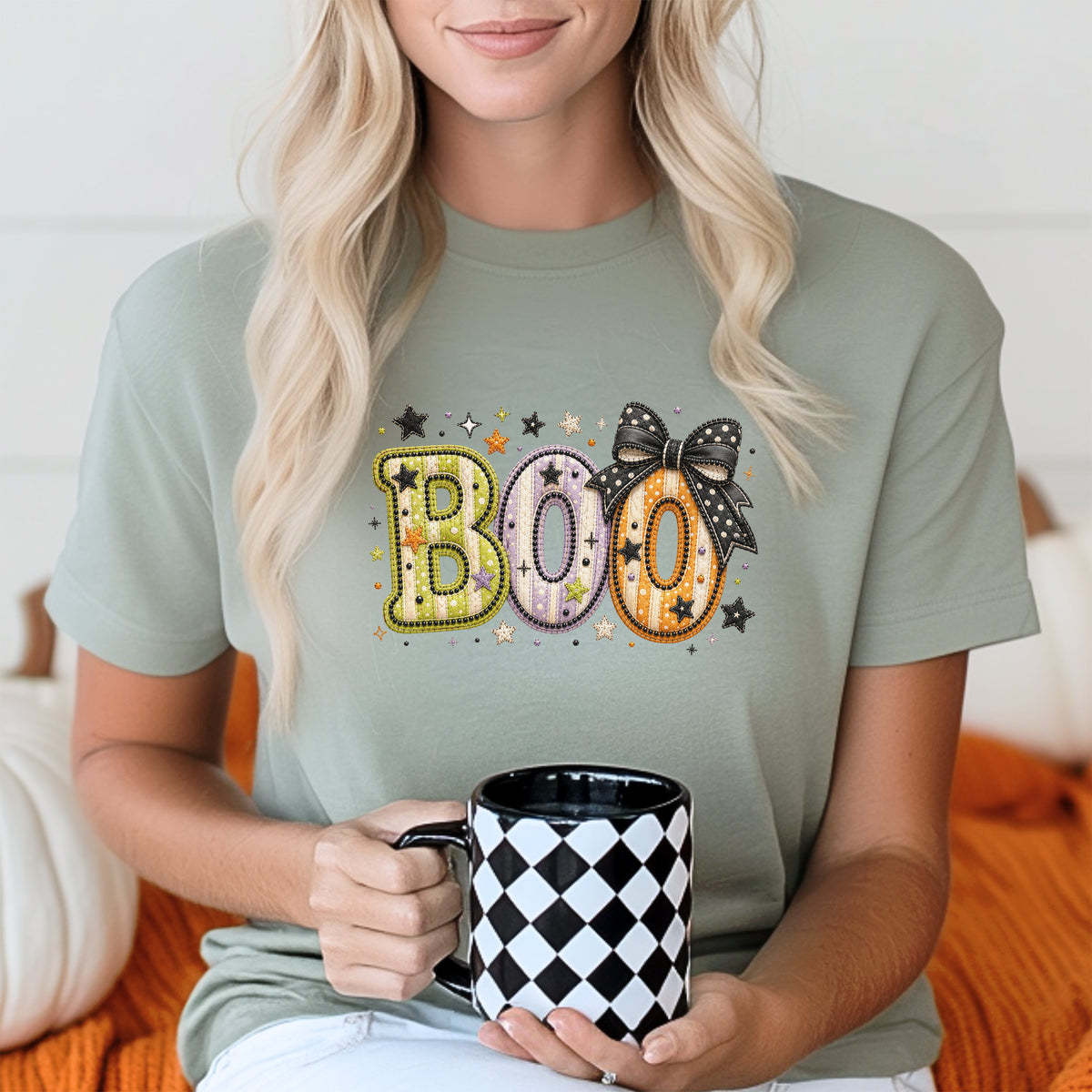 Boo with Coquette Bow Faux Patchwork Embroidery T-shirt