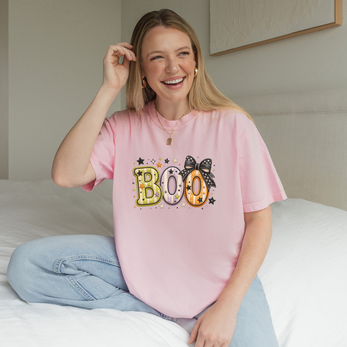 Boo with Coquette Bow Faux Patchwork Embroidery T-shirt