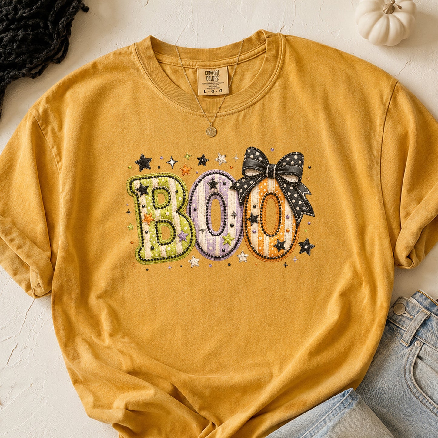 Boo with Coquette Bow Faux Patchwork Embroidery T-shirt
