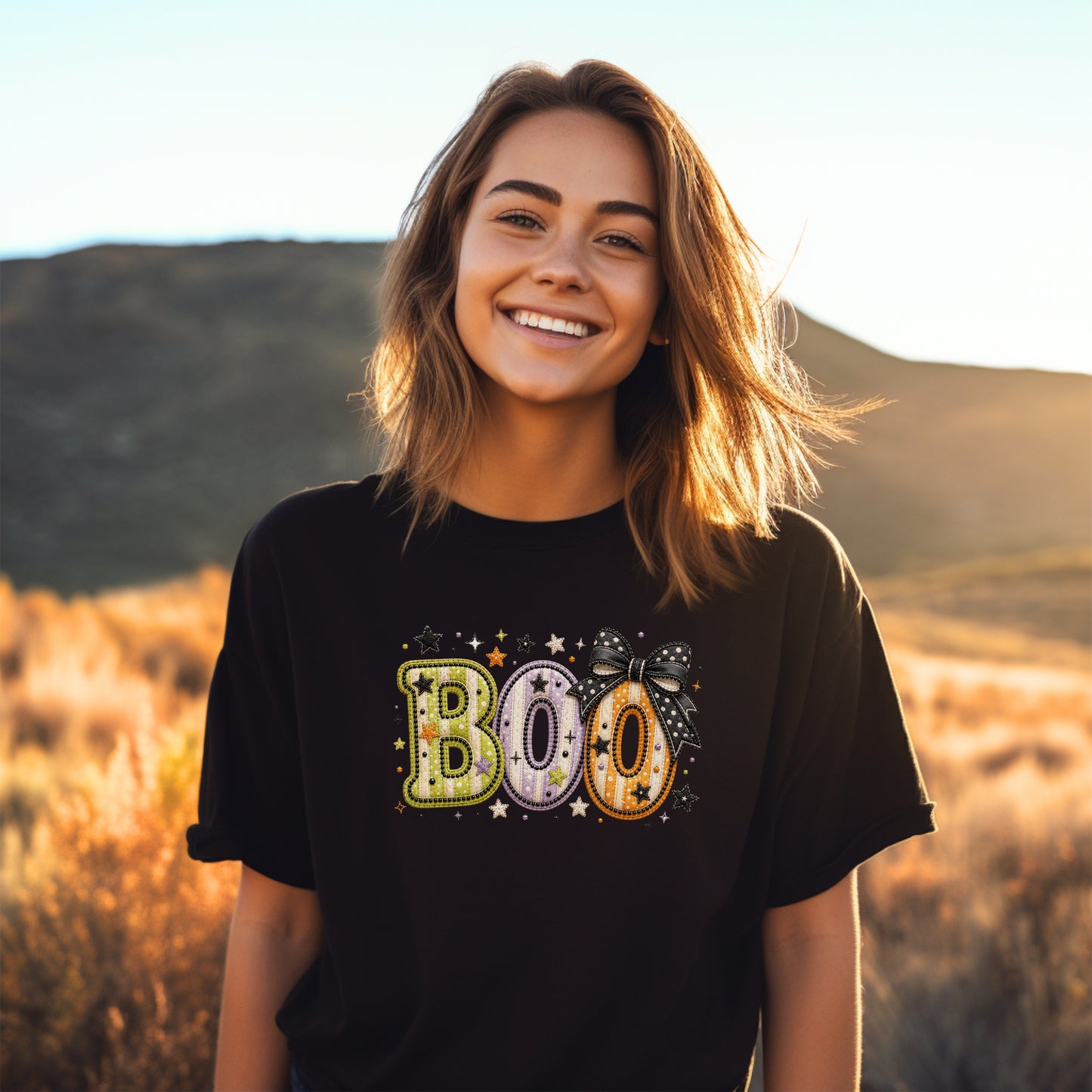 Boo with Coquette Bow Faux Patchwork Embroidery T-shirt