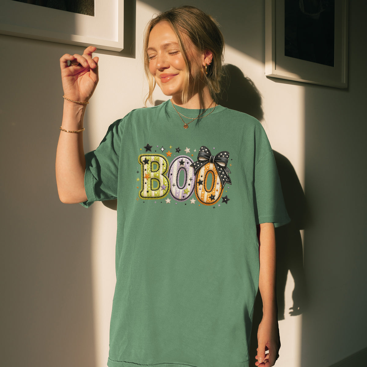 Boo with Coquette Bow Faux Patchwork Embroidery T-shirt