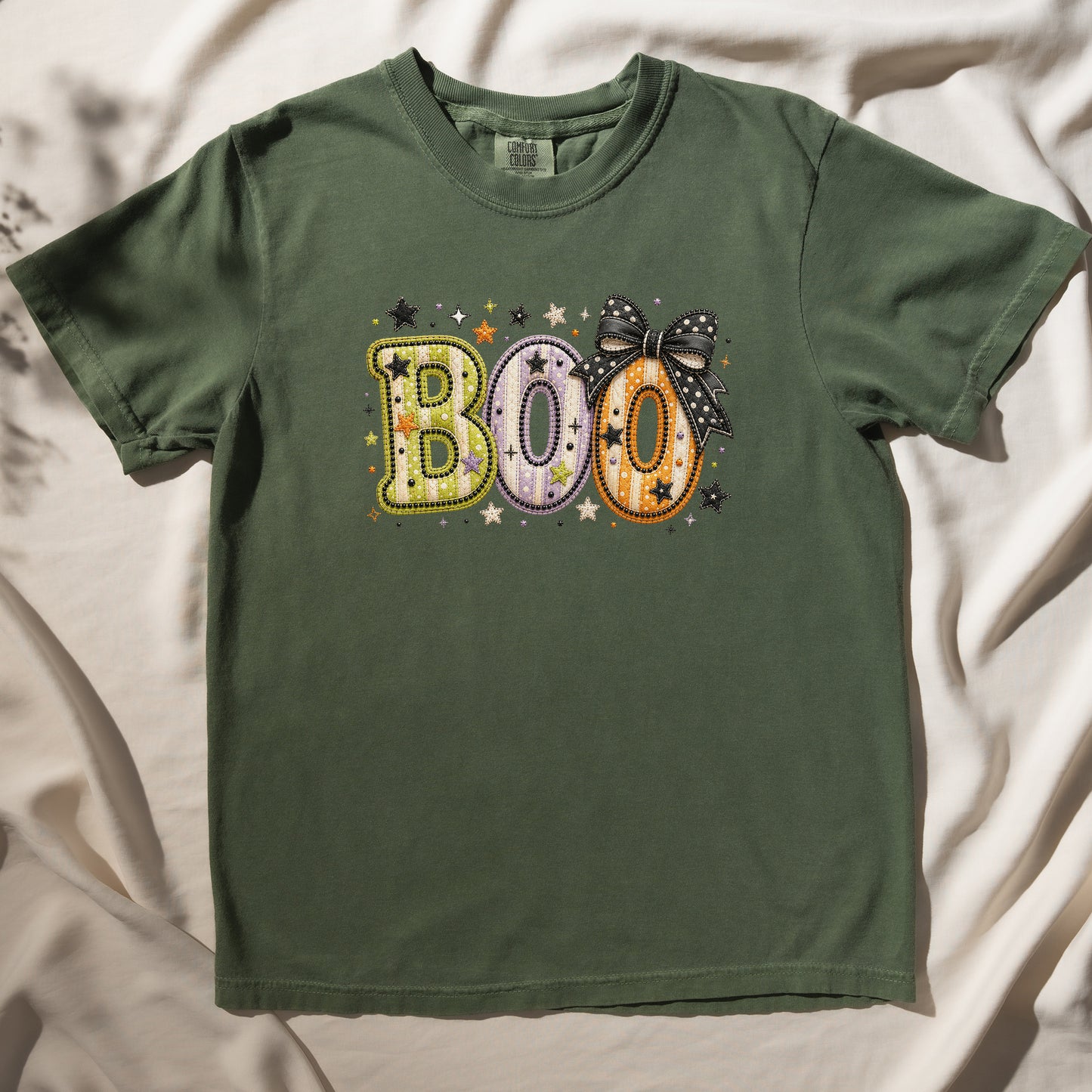 Boo with Coquette Bow Faux Patchwork Embroidery T-shirt