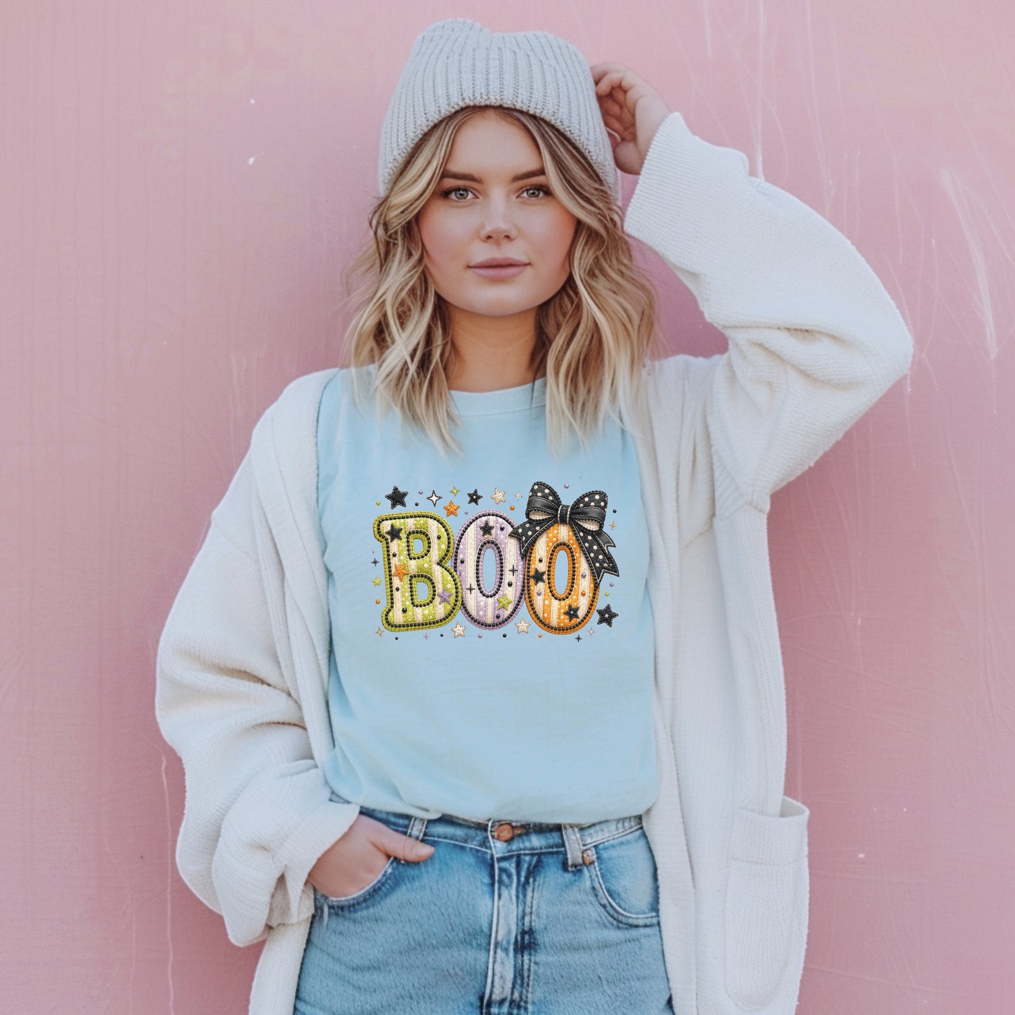 Boo with Coquette Bow Faux Patchwork Embroidery T-shirt