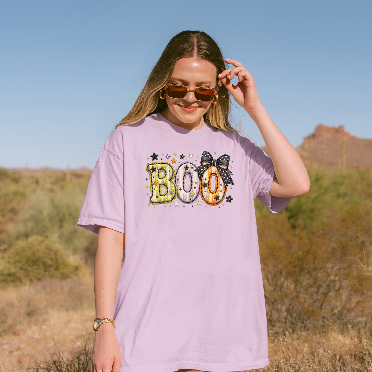 Boo with Coquette Bow Faux Patchwork Embroidery T-shirt