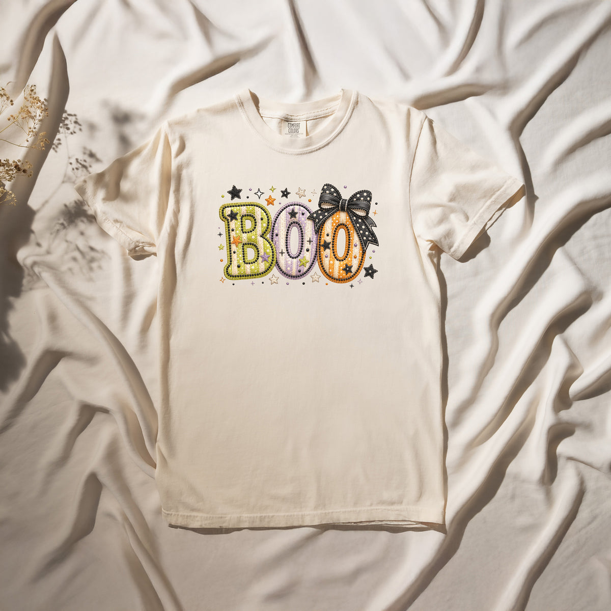 Boo with Coquette Bow Faux Patchwork Embroidery T-shirt
