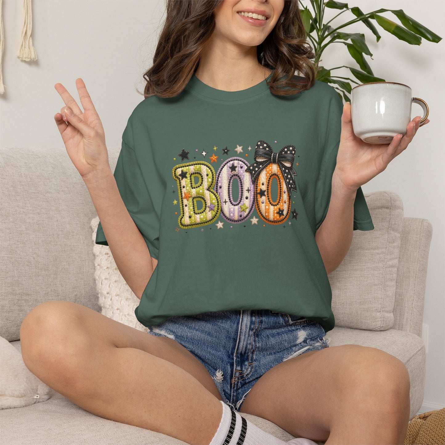 Boo with Coquette Bow Faux Patchwork Embroidery T-shirt