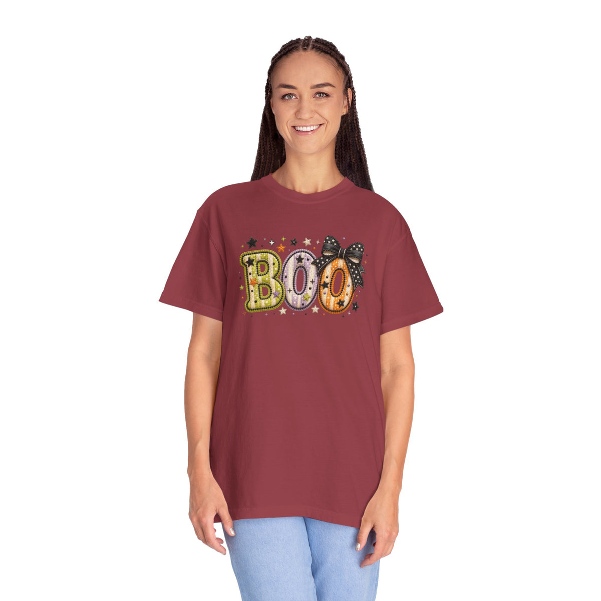 Boo with Coquette Bow Faux Patchwork Embroidery T-shirt