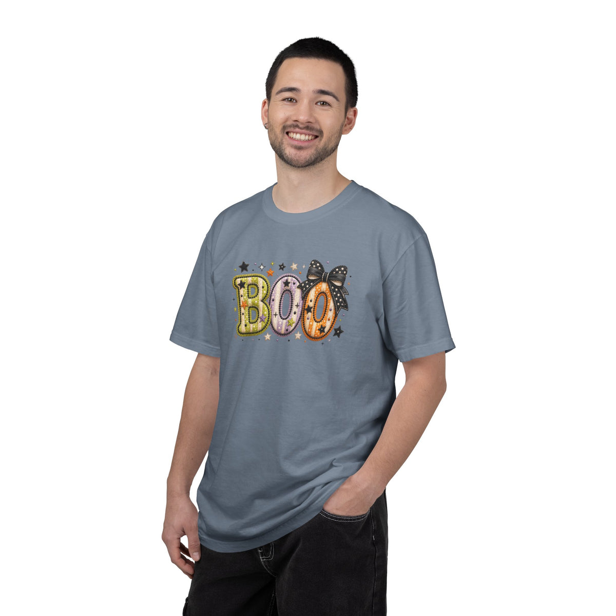 Boo with Coquette Bow Faux Patchwork Embroidery T-shirt