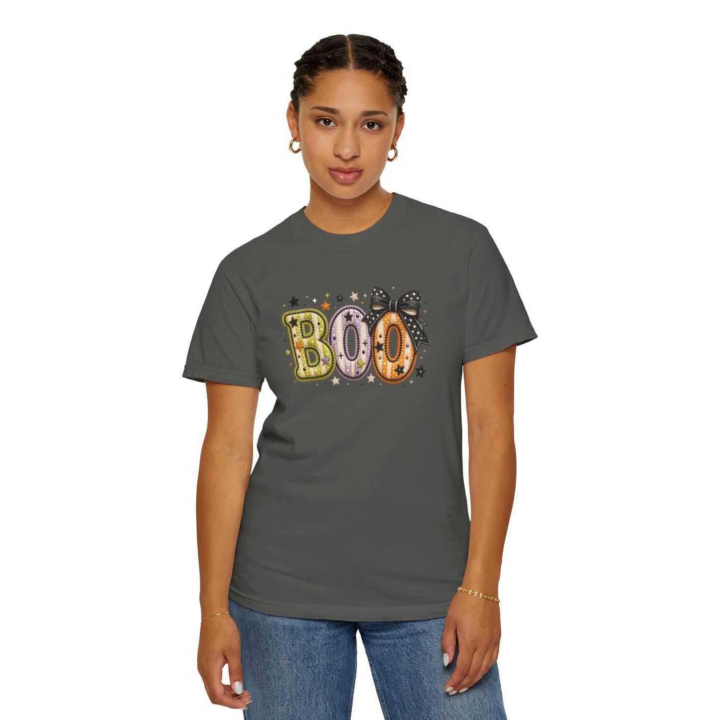 Boo with Coquette Bow Faux Patchwork Embroidery T-shirt