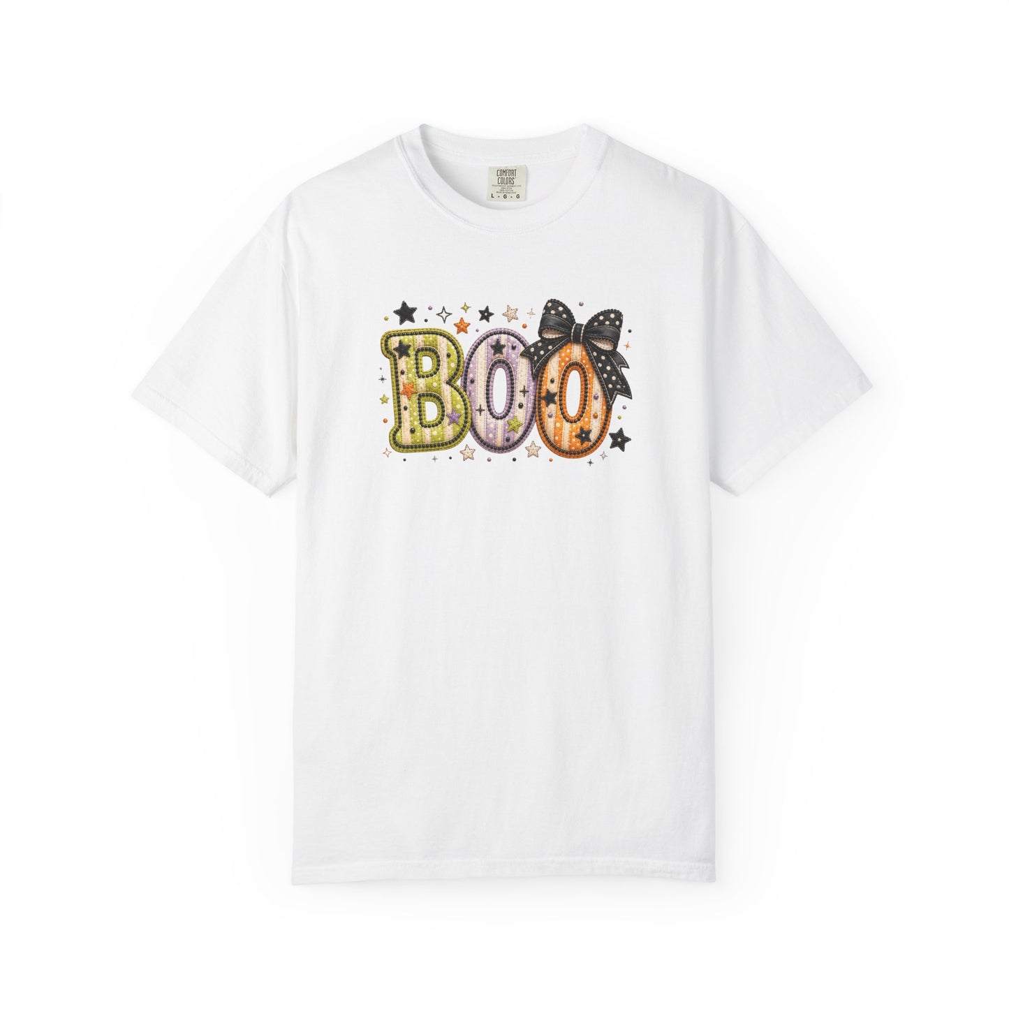 Boo with Coquette Bow Faux Patchwork Embroidery T-shirt