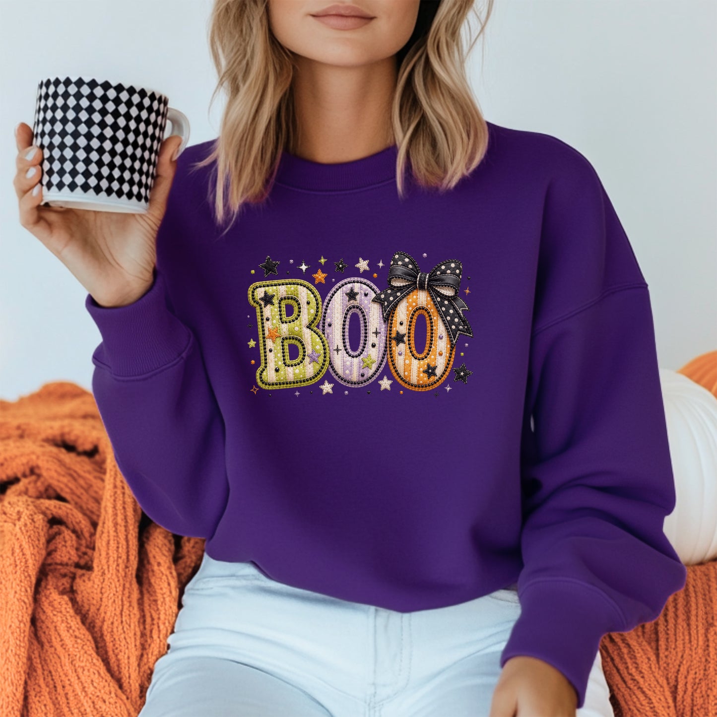 Boo with Coquette Bow Faux Embroidery Patchwork Crewneck Sweatshirt