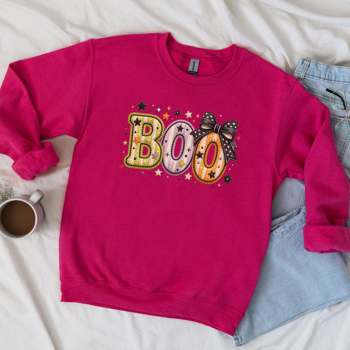 Boo with Coquette Bow Faux Embroidery Patchwork Crewneck Sweatshirt