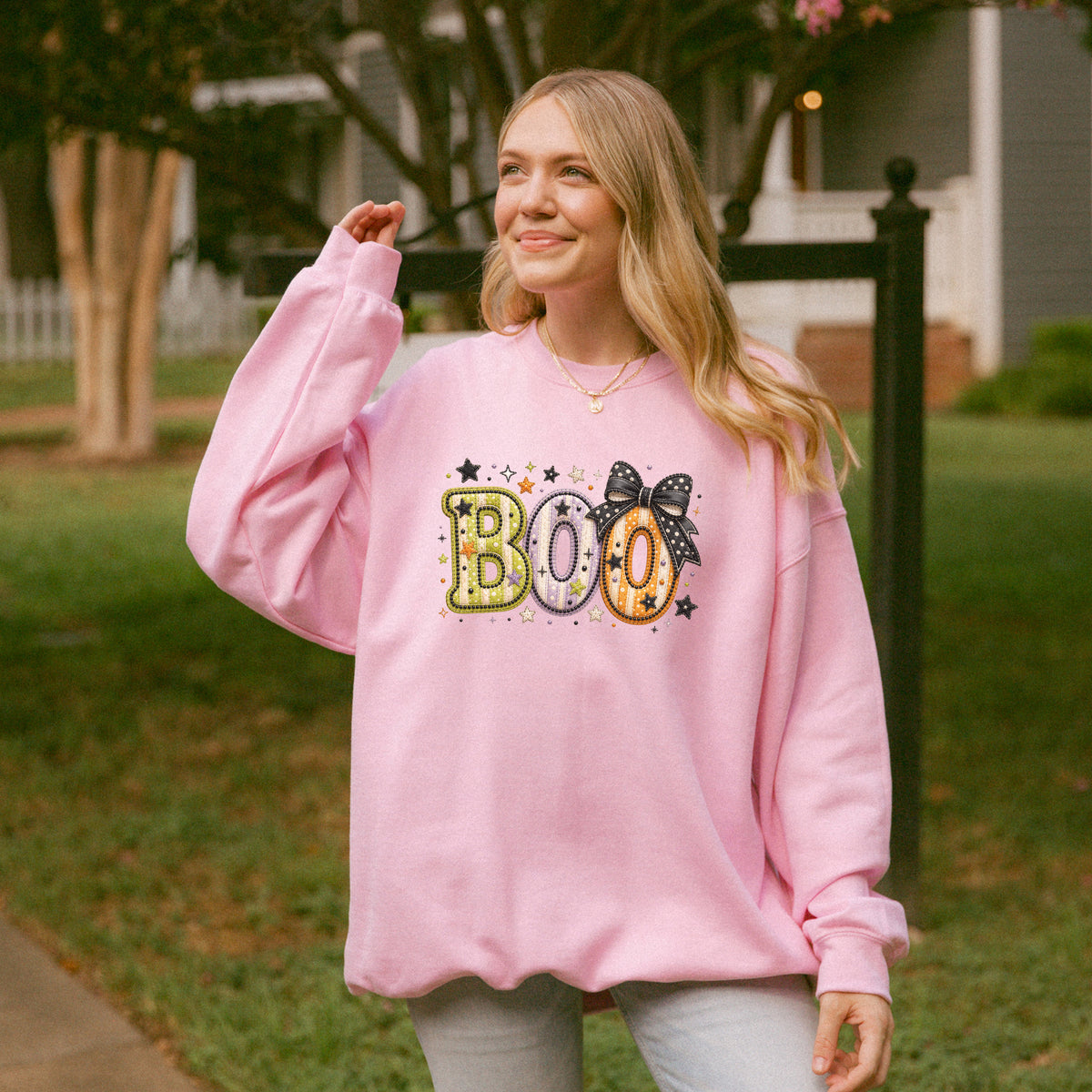 Boo with Coquette Bow Faux Embroidery Patchwork Crewneck Sweatshirt