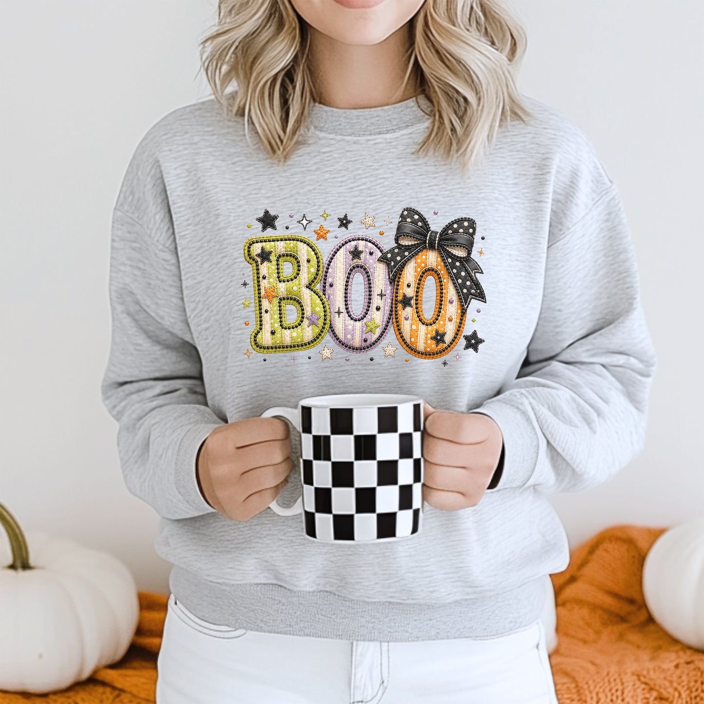 Boo with Coquette Bow Faux Embroidery Patchwork Crewneck Sweatshirt