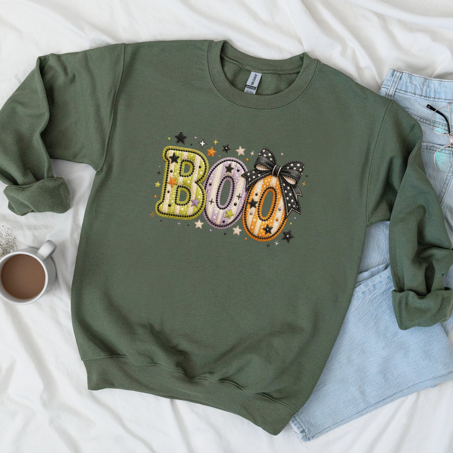 Boo with Coquette Bow Faux Embroidery Patchwork Crewneck Sweatshirt