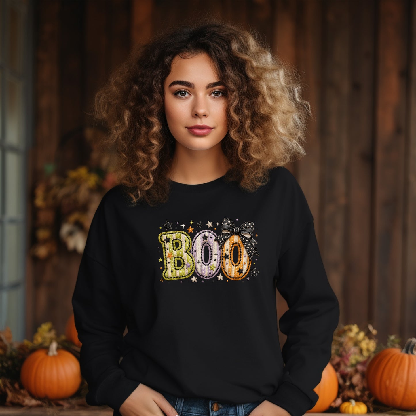 Boo with Coquette Bow Faux Embroidery Patchwork Crewneck Sweatshirt