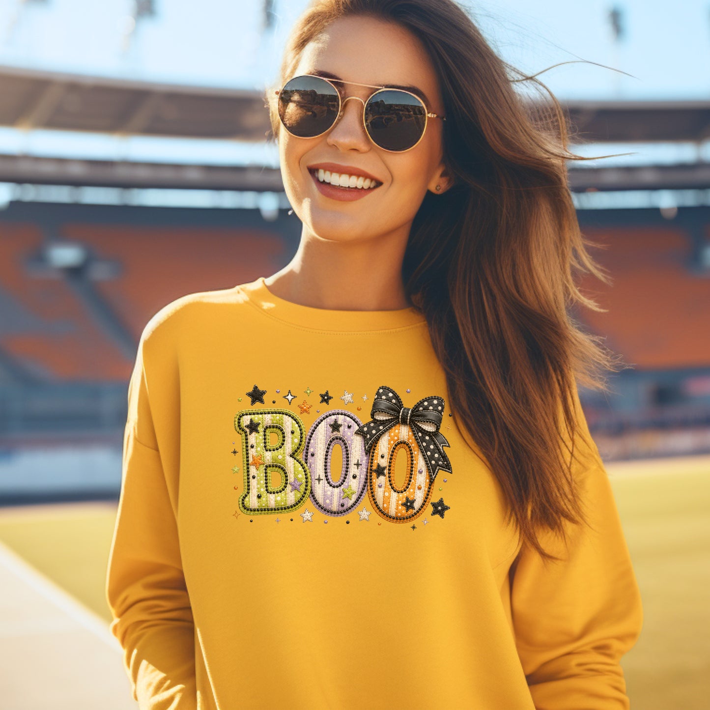 Boo with Coquette Bow Faux Embroidery Patchwork Crewneck Sweatshirt