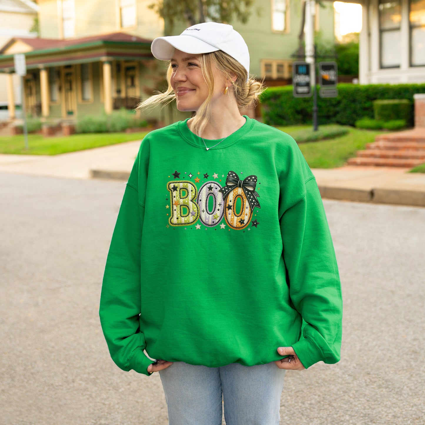 Boo with Coquette Bow Faux Embroidery Patchwork Crewneck Sweatshirt