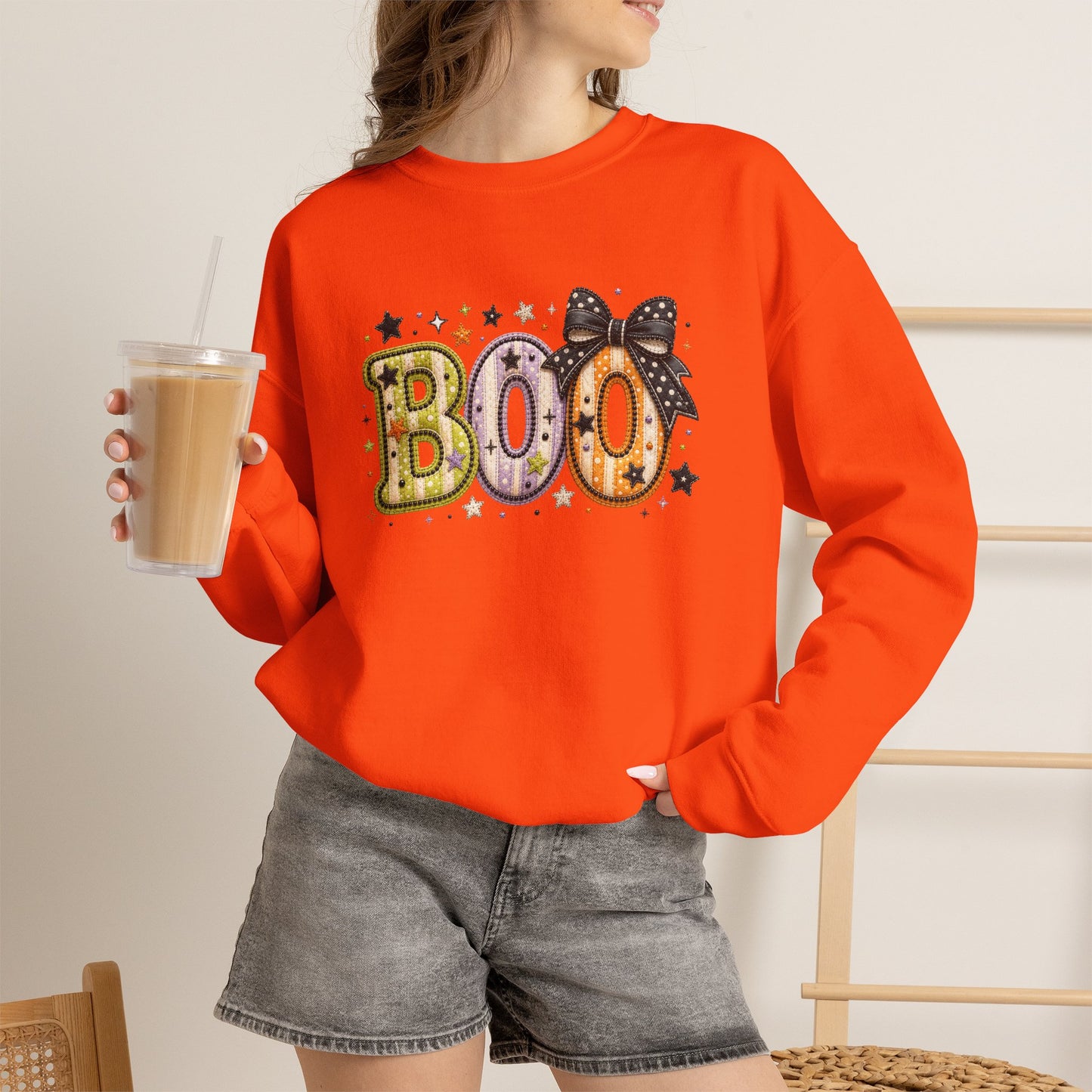 Boo with Coquette Bow Faux Embroidery Patchwork Crewneck Sweatshirt