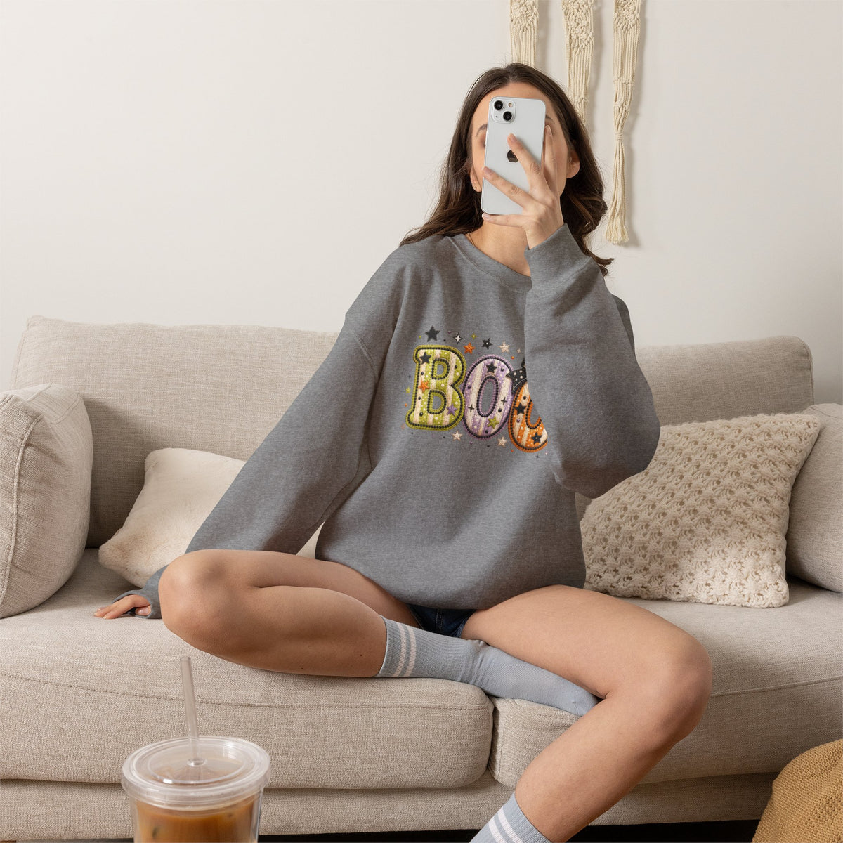 Boo with Coquette Bow Faux Embroidery Patchwork Crewneck Sweatshirt