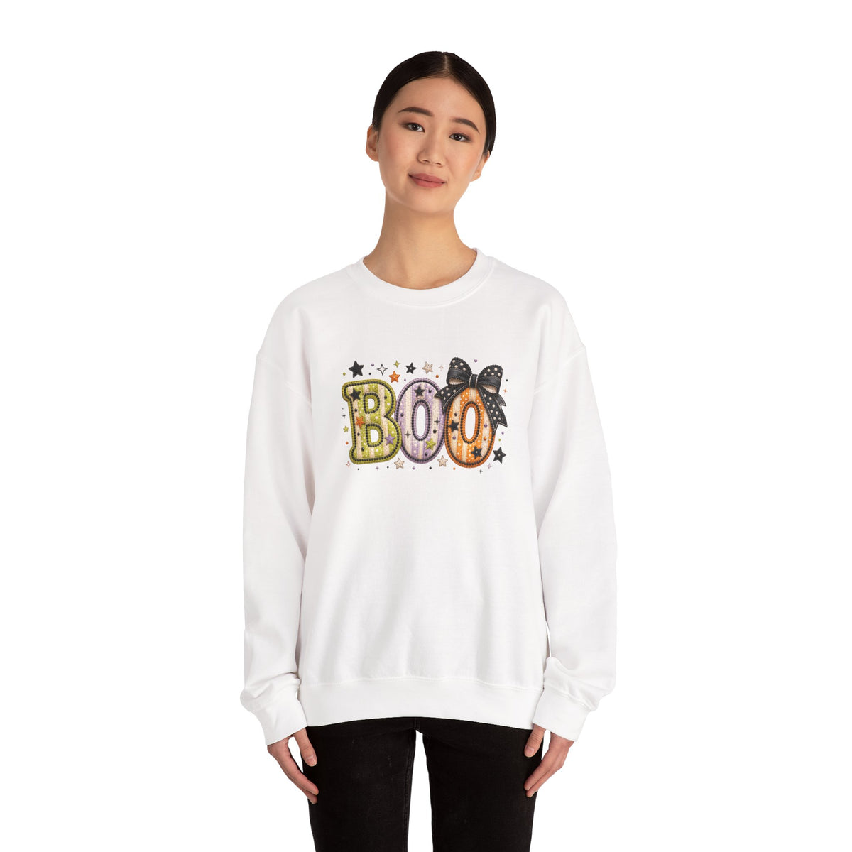 Boo with Coquette Bow Faux Embroidery Patchwork Crewneck Sweatshirt