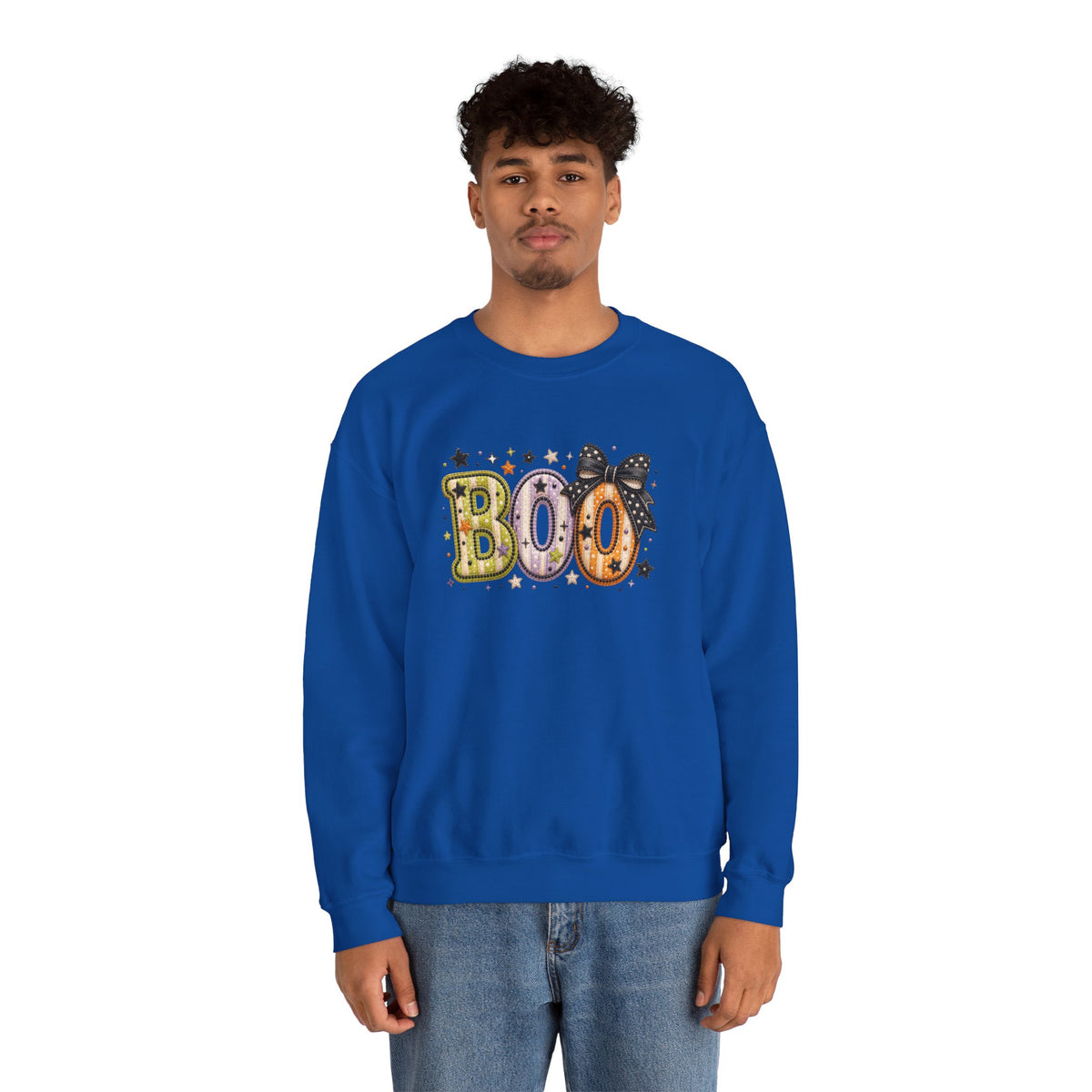 Boo with Coquette Bow Faux Embroidery Patchwork Crewneck Sweatshirt