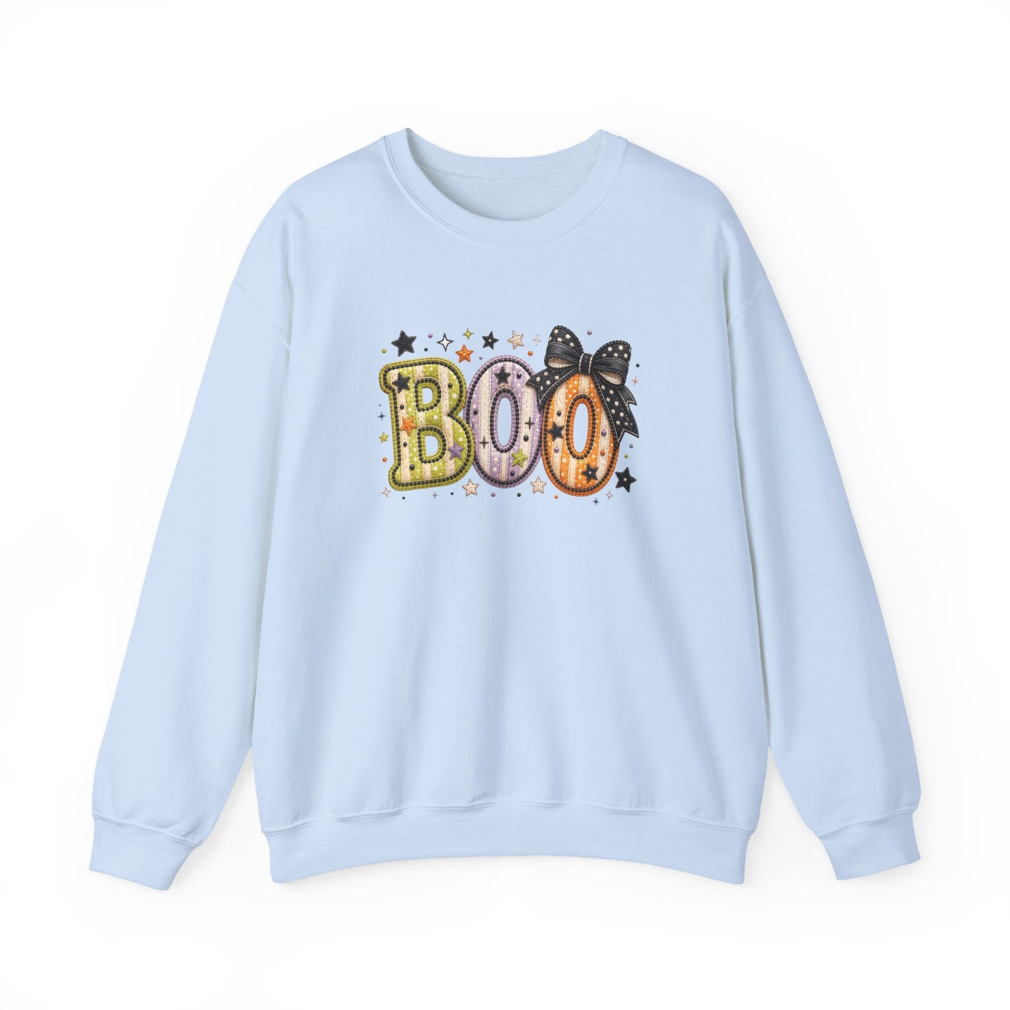 Boo with Coquette Bow Faux Embroidery Patchwork Crewneck Sweatshirt
