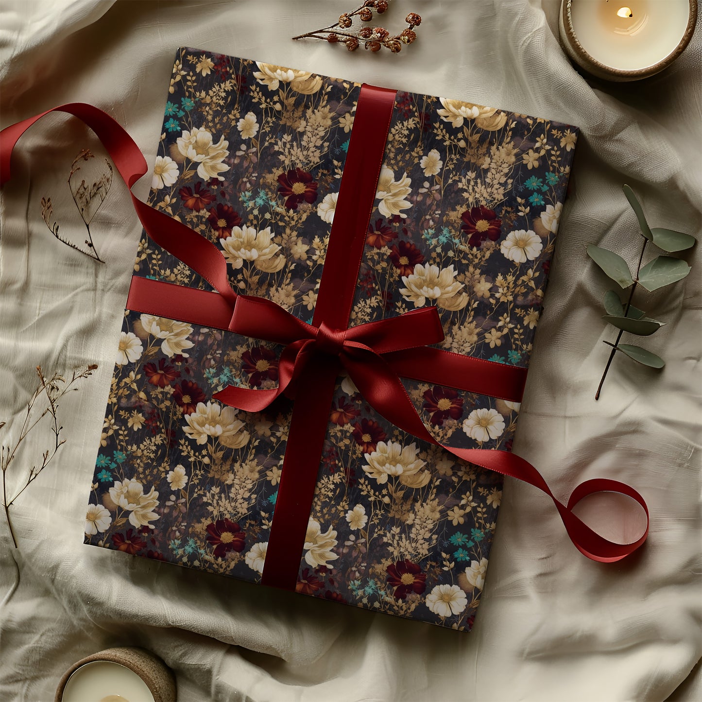 Beige, Maroon Red & Blue Dark Moody Floral Gift Wrapping Paper - Birthday Gift Wrap, Bridal Gifting, Christmas Holiday Gift Accessories