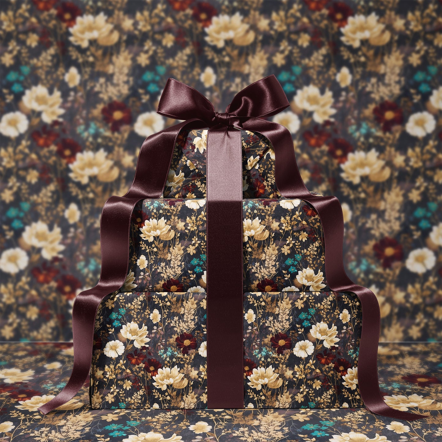 Beige, Maroon Red & Blue Dark Moody Floral Gift Wrapping Paper - Birthday Gift Wrap, Bridal Gifting, Christmas Holiday Gift Accessories